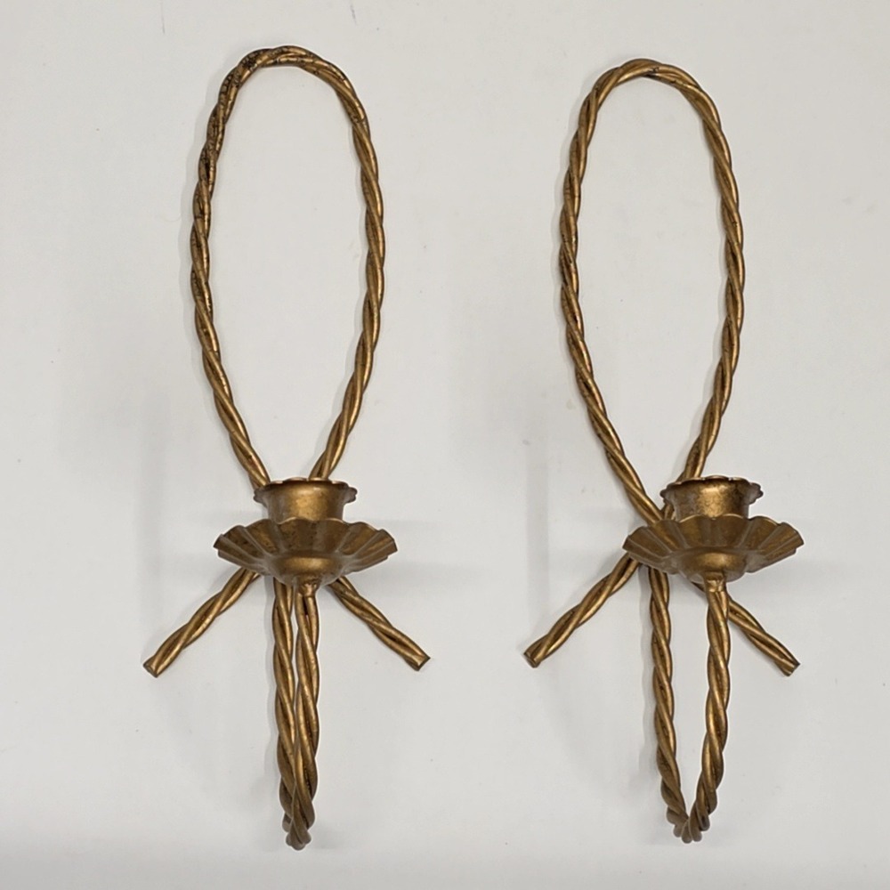 Vintage Wall Sconce‎ Pair Gold Twisted Rope Metal Scalloped Set of 2